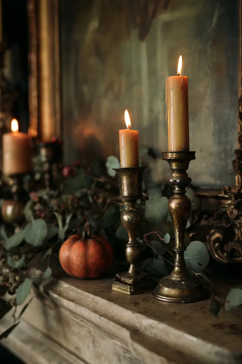 Mantel decorated with vintage brass candlesticks, candles, and fall botanicals for elegant ambiance