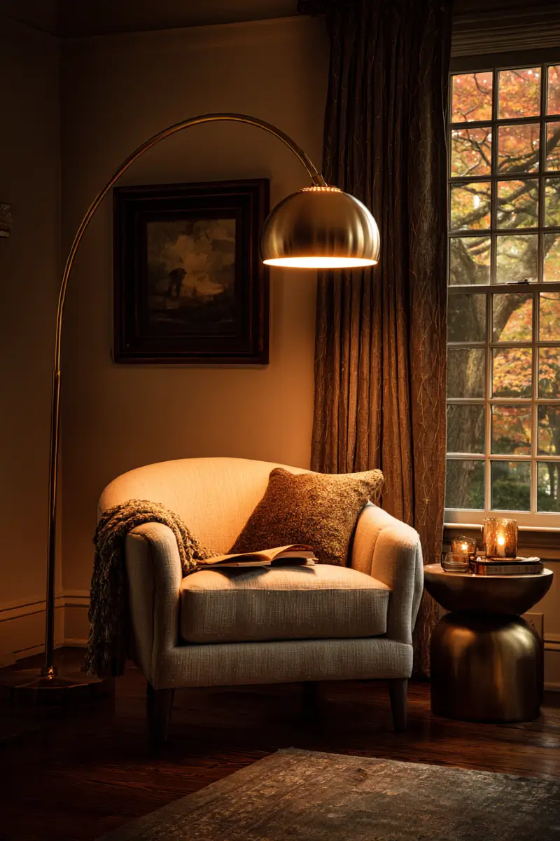  Warm reading nook featuring brass lamp and candlesticks creating cozy fall ambiance