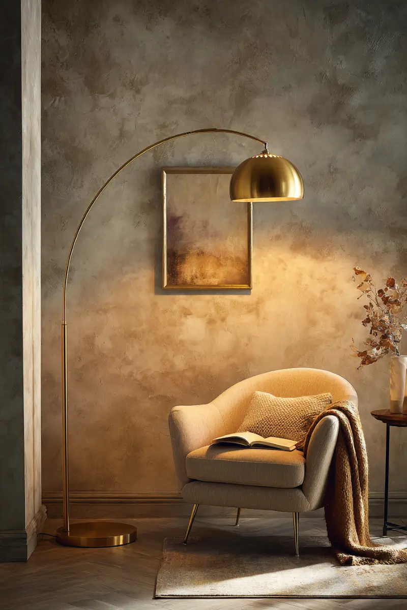 Living room with layered warm lighting from lamps and candles creating cozy fall ambiance