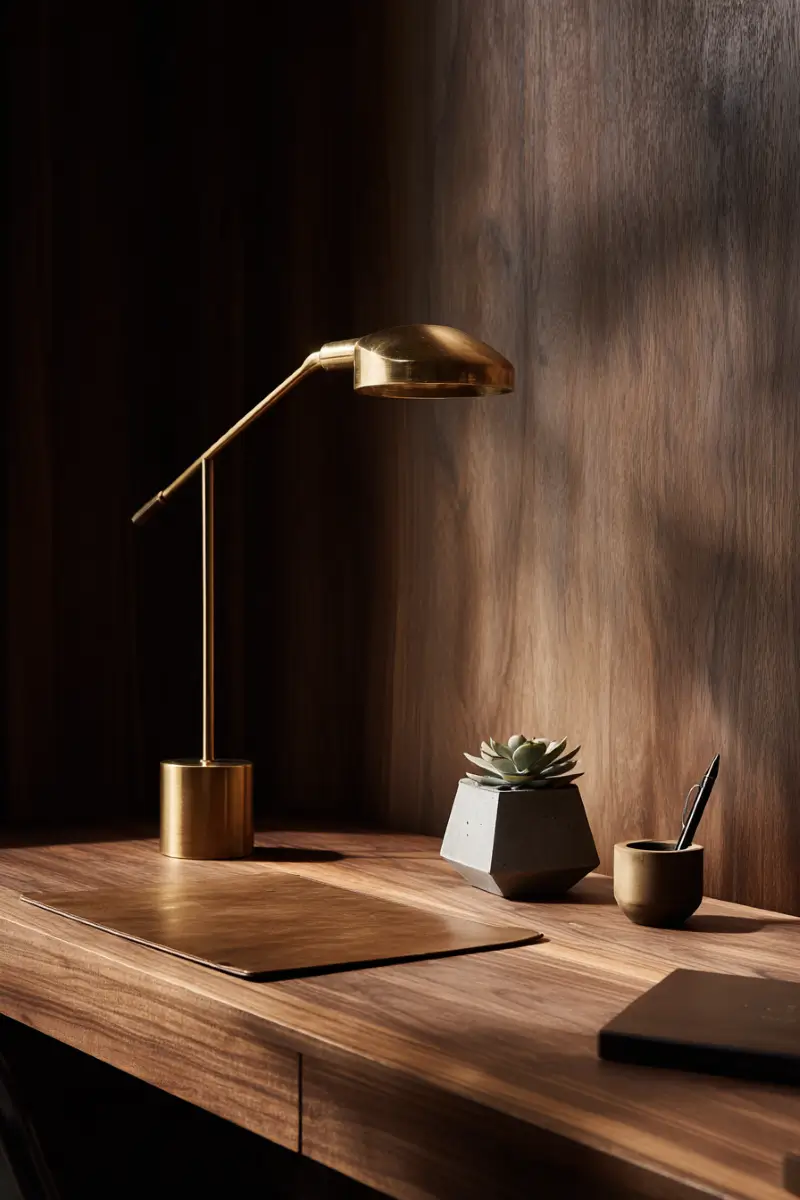 Modern brass task lamp with adjustable arm on walnut desk featuring geometric succulent planter and minimalist accessories