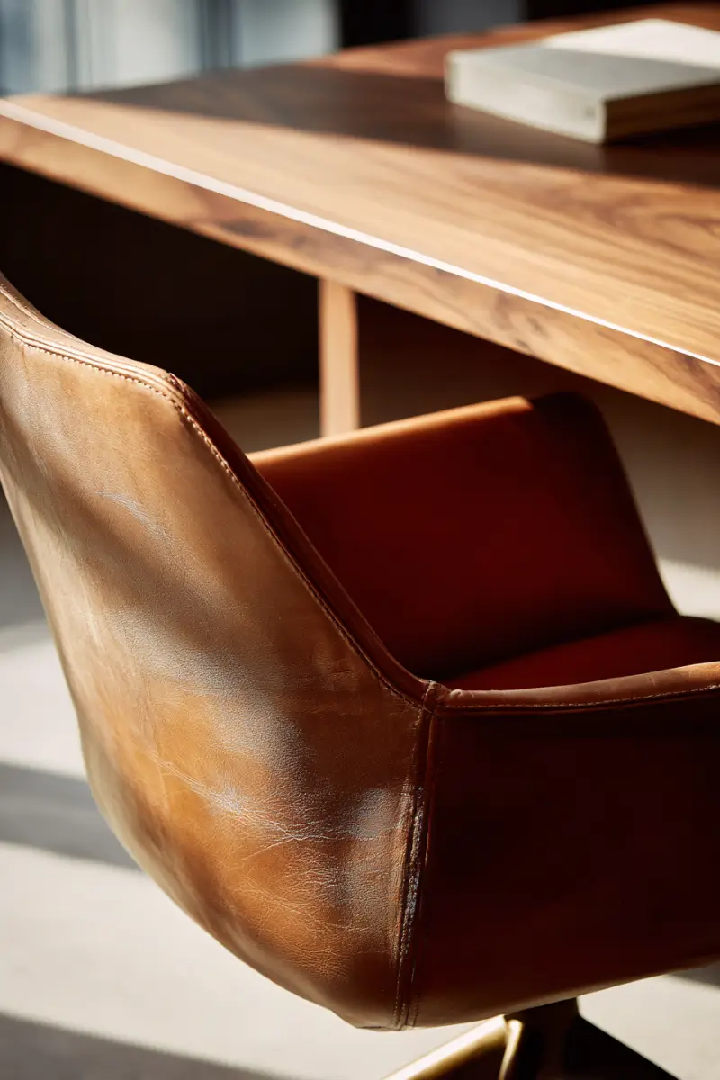 Close-up of aged cognac leather office chair with visible stitching detail against oak desk with natural grain