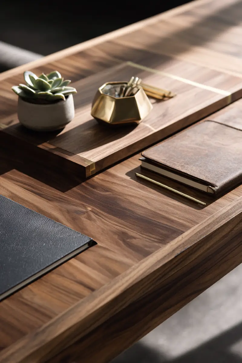 Curated desk accessories including geometric brass pen holder, ceramic succulent planter, and leather-bound notebooks on walnut desk