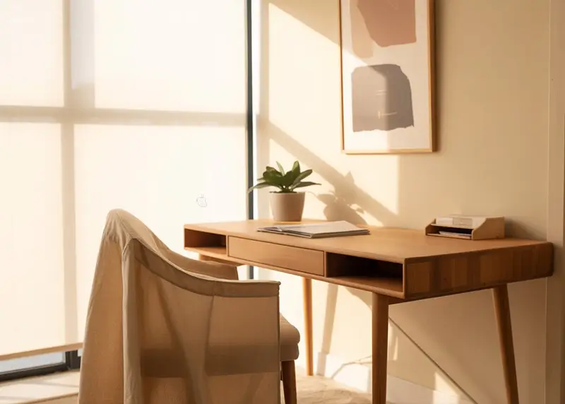 Minimalist oak desk with integrated storage drawer, neutral upholstered chair, and abstract art in sunlit workspace