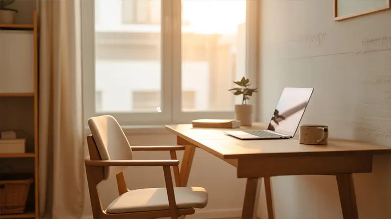 Warm oak desk positioned by window with laptop, small succulent, and natural light filtering through sheer curtains