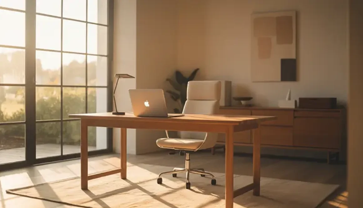 Warm minimalist home office with oak wood desk, ergonomic swivel chair, and floor-to-ceiling windows providing natural light