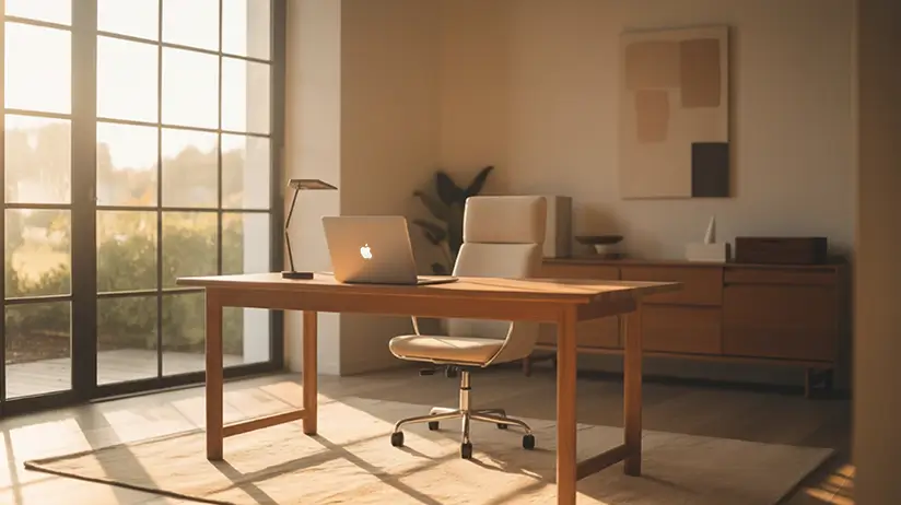 Warm minimalist home office with oak wood desk, ergonomic swivel chair, and floor-to-ceiling windows providing natural light